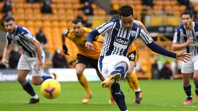 Matheus Pereira scores West Bromwich Albion's opening goal from the penalty spot during their 3-2 victory at Wolves on Sunday, January 16. AP