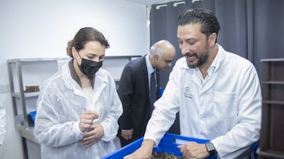 Haythem Riahi, founder of Circa Biotech, with Mariam Al Mheiri, Minister of Climate Change and Environment, and Minister of State for Food Security. The company is in the final round of the Global Food Tech Challenge. Photo: Global Food Tech Challenge