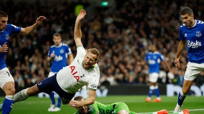 Everton's Jordan Pickford fouls Harry Kane to concede a penalty. Action Images