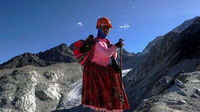 Cecilia Llusco, one of the Climbing Cholitas, on Huayna Potosi.