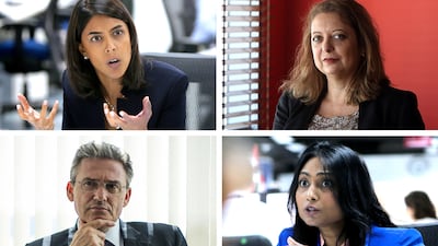 Clockwise from top left: Ambareen Musa, founder and CEO of Souqalmal.com; The National columnist Keren Bobker; Philip King, head of retail banking at ADIB; and Rasheda Khatun from Financial Life Planner, provide insights on why people are getting into excessive debt, how this situation can be resolved and where they can turn for help. Ravindranath K, Satish Kumar, Marwan Alhammadi and Mona Al Marzooqi / The National