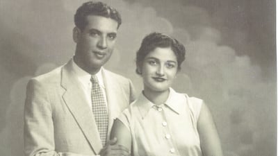 Both originally from Palestine, Abdel Mohsin and Leila, pictured above in their engagement photograph in Beirut, 1954, met in their country of refuge, Kuwait, while working as teachers. Courtesy Omar Al Qattan