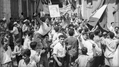 A public demonstration in support of Gamal Abdel Nasser in Sidon, Lebanon, 1956, gelatin silver negative on polyester film. Chafic El-Soussi Collection, courtesy of the Arab Image Foundation.