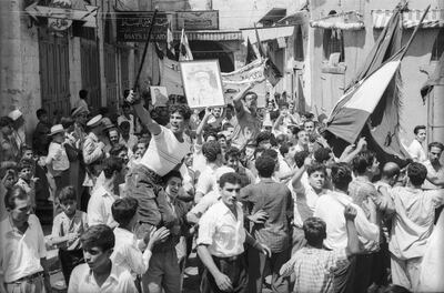 A public demonstration in support of Gamal Abdel Nasser in Sidon, Lebanon, 1956. Chafic El-Soussi Collection, courtesy of the Arab Image Foundation.