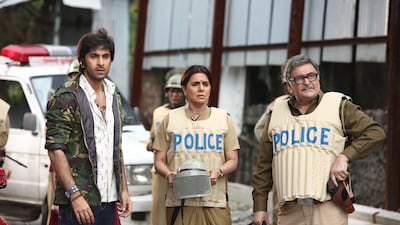Ranbir Kapoor, with his actor parents Neetu Singh and Rishi Kapoor on the set of 'Besharam'. Courtesy Movie Temple Productions