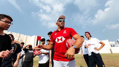 Bryan Habana, ambassador for World Sevens Series sponsors HSBC, at a training session at Mawakeb School in Barsha, as part of the UAE Rugby Federation’s player pathway programme. Courtesy: Kyle Kingsley Green / HSBC