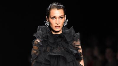 Bella Hadid presents a creation by Alberta Ferretti during Milan Fashion Week on February 19, 2020. EPA