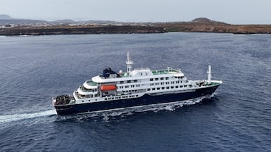 The cruise ship MV Hondius leaves Praia, Cape Verde, on May 6. Reuters