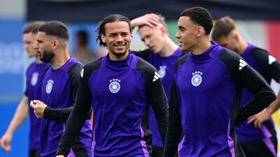 Germany's Leroy Sane, left, and Jamal Musiala in training in Herzogenaurach. AFP