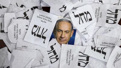 Ballots papers and campaign posters for Benjamin Netanyahu's Likud Party . Jack Guez / AFP