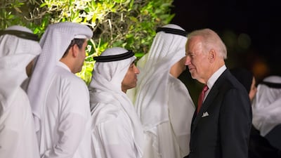 Yousef Al Otaiba, UAE Ambassador to the USA and Mexico (3rd L), greets Mr Biden in Abu Dhabi, March 7, 2016. Crown Prince Court