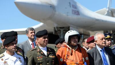 Venezuelan Defence Minister Vladimir Padrino is pictured after the arrival of two Russian Tupolev Tu-160 strategic long-range heavy supersonic bomber aircrafts at Maiquetia International Airport in March 2019. AFP
