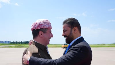 Iraqi Prime Minister's Designate Ali Al Zaidi, right, is received at Erbil in the Kurdistan Region of Iraq by Prime Minister Masrour Barzani. @IraqiPMO/X