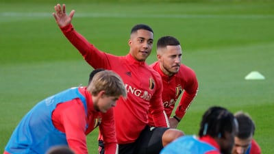 Belgian players Youri Tielemans, left, and Eden Hazard during a training session in Tubize, Belgium. EPA