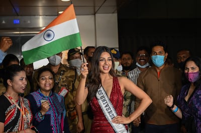 Miss Universe 2021 Harnaaz Sandhu arriving at the Mumbai international airport after her win in Israel. AFP