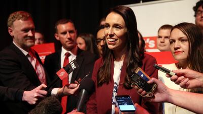 Ms Ardern - Labour party leader at the time - addresses supporters at an election rally in Hamilton, New Zealand, on September 17, 2017. Michael Bradley / AFP