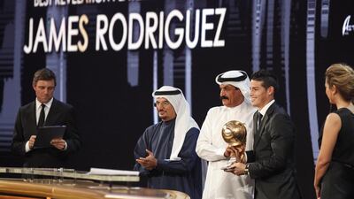 James Rodriguez wins the best revelation player of the year award on Monday night at the Dubai Football Gala & Globe Soccer Awards at Atlantis The Palm. Antonie Robertson / The National