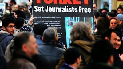 Journalists protest in Istabul last week. Police have arrested a number of journalists, in a clampdown on an alleged seditious secularist network. But the hard line may backfire on the government.