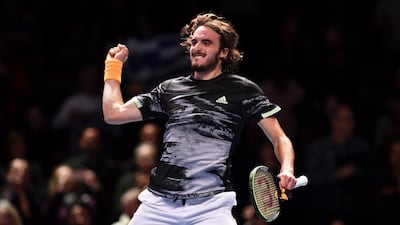 Stefanos Tsitsipas celebrates his victory over Daniil Medvedev at the ATP Finals in London. Getty Images