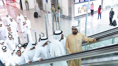 Sheikh Mohammed bin Rashid speaks to Sheikh Ahmed bin Saeed during his inspection visit to Dubai airport. Wam