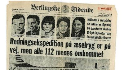 The Danish newspaper Berlingske Tidende, dated March 16, 1972, carried the story of the Al Hayl air crash on its front page.