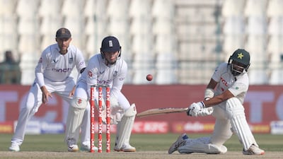 Pakistan batter Saud Shakeel on his way to 94 off 213 balls. Getty