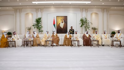 Sheikh Mansour bin Zayed, Vice President, Deputy Prime Minister and Minister of the Presidential Court, and Sheikh Khaled bin Mohamed bin Zayed, Crown Prince of Abu Dhabi, on Friday received at Mushrif Palace, crown princes and deputy rulers of the emirates, as well as other sheikhs and well-wishers, who came to greet them on Eid Al Fitr. All photos: Wam