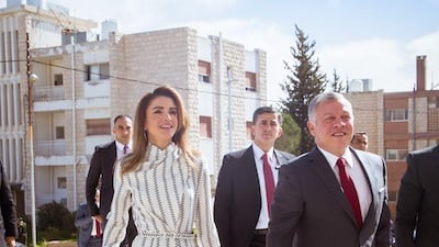 Queen Rania and King Abdullah visit the new premises of the Queen Rania Teacher Academy on January 27, 2019. Courtesy Queen Rania / Facebook