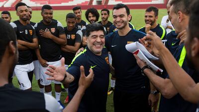 Diego Maradona takes his first training session since being named new manager of UAE First Division side Fujairah.
