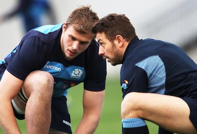 Jonny Gray and Greg Laidlaw take part in a training session prior to the Six Nations in Edinburgh. Ian MacNicol / Getty Images