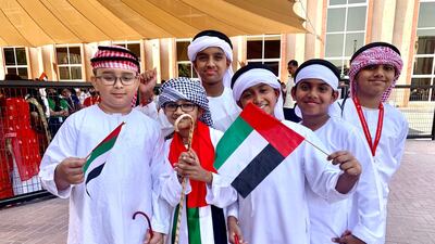 Pupils at the Indian High School, Dubai, celebrate UAE Flag Day. Pawan Singh / The National