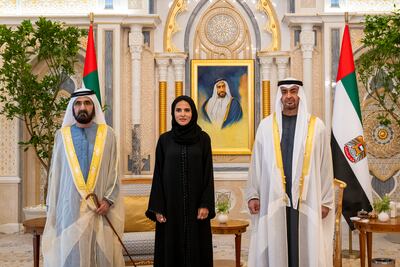 Alia Al Mazrouei with President Sheikh Mohamed and Sheikh Mohammed bin Rashid, Vice President, Prime Minister and Ruler of Dubai, at a swearing-in ceremony for new cabinet ministers in July. Photo: Abdulla Albedwawi / UAE Presidential Court