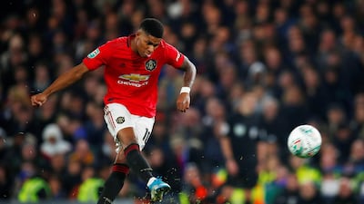Manchester United's Marcus Rashford scores his stunning second goal. Reuters