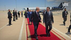 Jordanian Foreign Minister Ayman Safadi is met in Damascus by Syria Foreign Minister Asaad Al Shibani. Photo: Sana