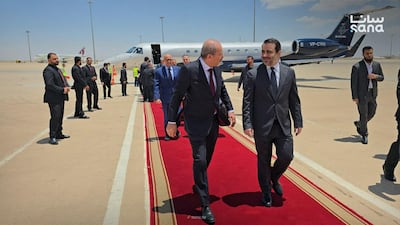 Jordanian Foreign Minister Ayman Safadi is met in Damascus by Syria Foreign Minister Asaad Al Shibani. Photo: Sana