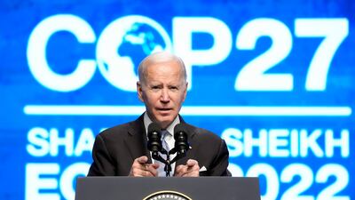 US President Joe Biden speaks at Cop27 in Sharm El Sheikh, Egypt. AP