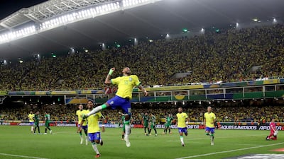 Brazil's Neymar celebrates scoring his team's fifth goal. Reuters