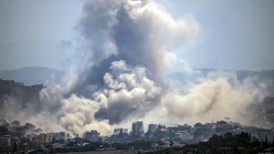 Smoke rising from the site of an explosion carried out by the Israeli military, in the village of Kfar Tibnit, Lebanon. AFP