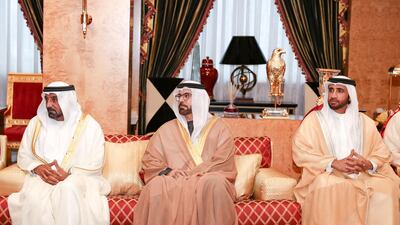 From left: Sheikh Ahmed bin Saeed, and Mohammad Al Gergawi, Minister of Cabinet Affairs and The Future, attend the reception at Zabeel palace.