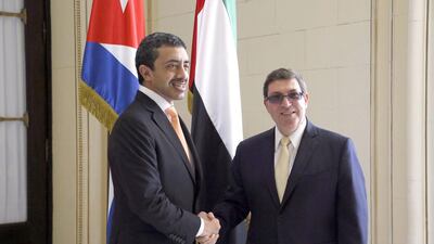 Sheikh Abdullah bin Zayed Al Nahyan, the UAE Minister of Foreign Affairs, left, meets his Cuban counterpart Bruno Rodriguez Parrilla after the UAE opened an embassy in Havana last October. WAM