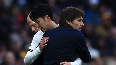 Antonio Conte with Son Heung-min after Tottenham Hotspur's 3-1 win over Nottingham Forest in the Premier League. AP