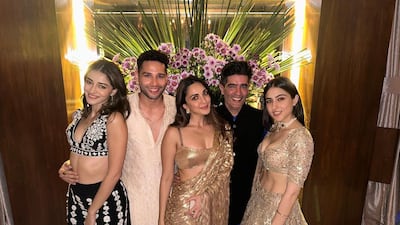 Ananya Pandey, Siddhant Chaturvedi, Kiara Advani, Manish Malhotra and Sara Ali Khan at Malhotra's Diwali bash in Mumbai. Photo: Instagram / manishmalhotra05