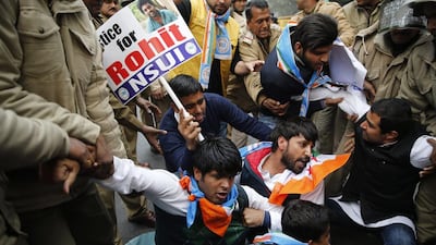 Indian police detain protestors demonstrating over the death of university student Rohith Vemula who hanged himself on January 17, 2016 after he and 4 other students were barred from using some facilities at the University of Hyderabad. Tsering Topgyal/AP Photo