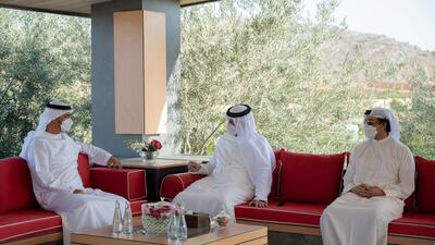 Sheikh Mohamed bin Zayed, Crown Prince of Abu Dhabi and Deputy Supreme Commander of the Armed Forces, and Sheikh Mansour bin Zayed, Deputy Prime Minister and Minister of Presidential Affairs, exchange Eid greetings with Sheikh Saud bin Saqr Al Qasimi, UAE Supreme Council Member and Ruler of Ras Al Khaimah, centre. Ministry of Presidential Affairs