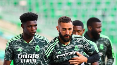 Real Madrid forward Karim Benzema trains for the Champions League opener against Celtic. AFP