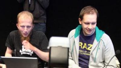 File picture of Gottfrid Svartholm Warg (centre) and Peter Sunde (right) from The Pirate Bay meeting the press in Stockholm.