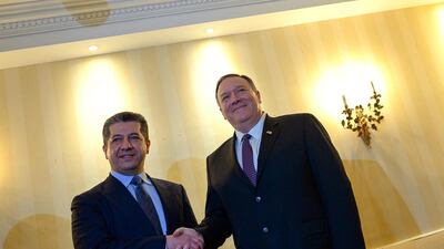 US Secretary of State Mike Pompeo (right) shakes hands with Kurdistan Regional Government Prime Minister Masrour Barzani during the Munich Security conference in Munich, southern Germany. Reuters