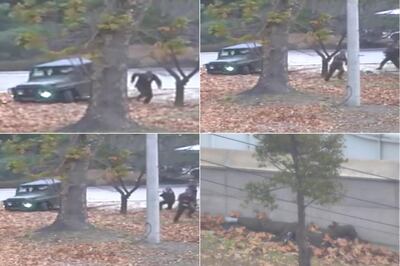 Images show how a North Korean soldier ran from a jeep and then was shot by North Korean soldiers in Panmunjom, North Korea, before collapsing across the border in South Korea. United Nations Command via AP