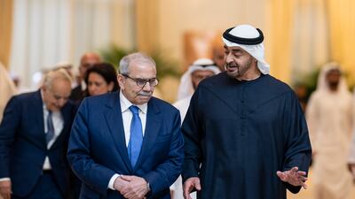 President Sheikh Mohamed with Nawaf Salam in Abu Dhabi. Photo: UAE Presidential Court