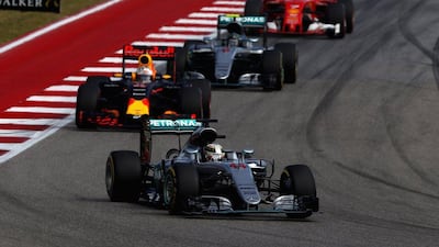 Lewis Hamilton, followed by Red Bull's Daniel Ricciardo and Mercedes teammate Nico Rosberg during Sunday's United States Grand Prix. Clive Mason / Getty Images / AFP / October 23, 2016